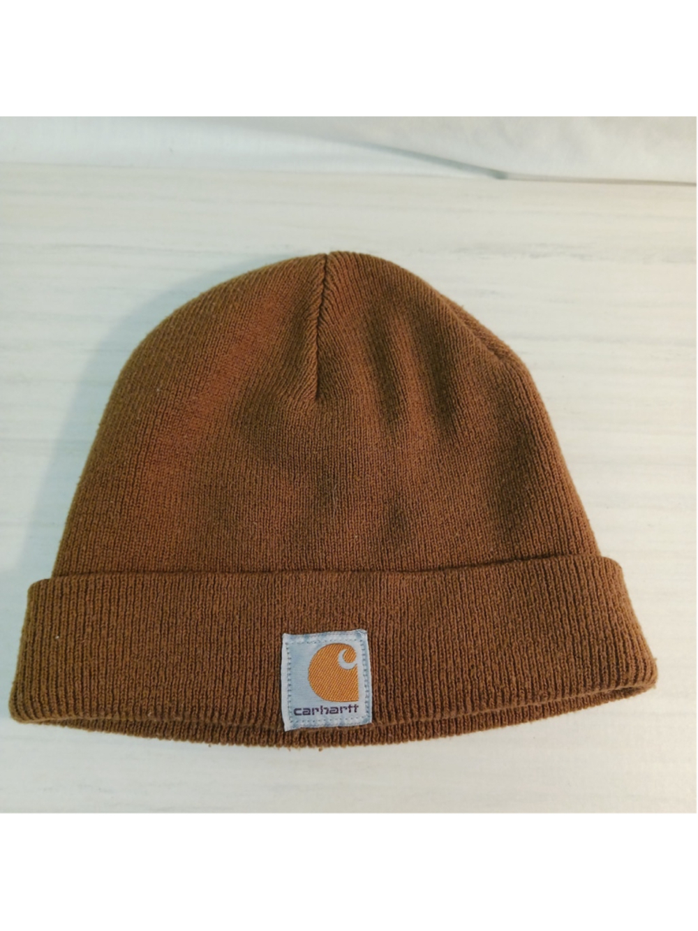 Carhartt Brown Knit Cuffed Beanie Hat Youth One Size Logo Made In USA